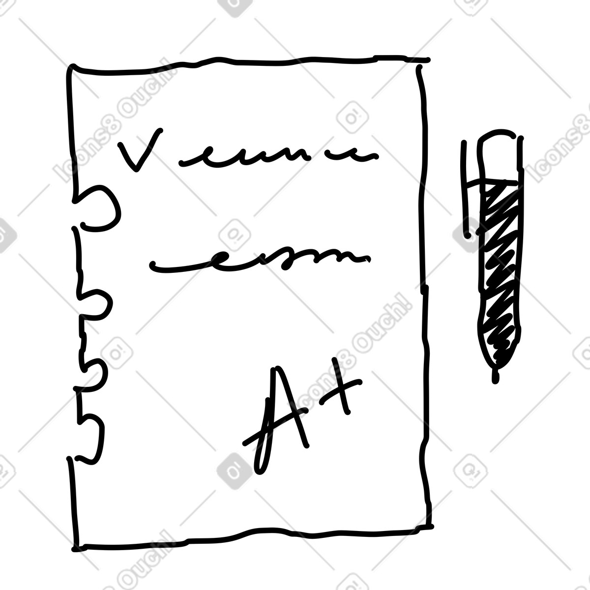 Rough Sketch スタイルの Paper test sheet graded a plus with scribbles and pen のイラストをPNG、SVG形式でダウンロード