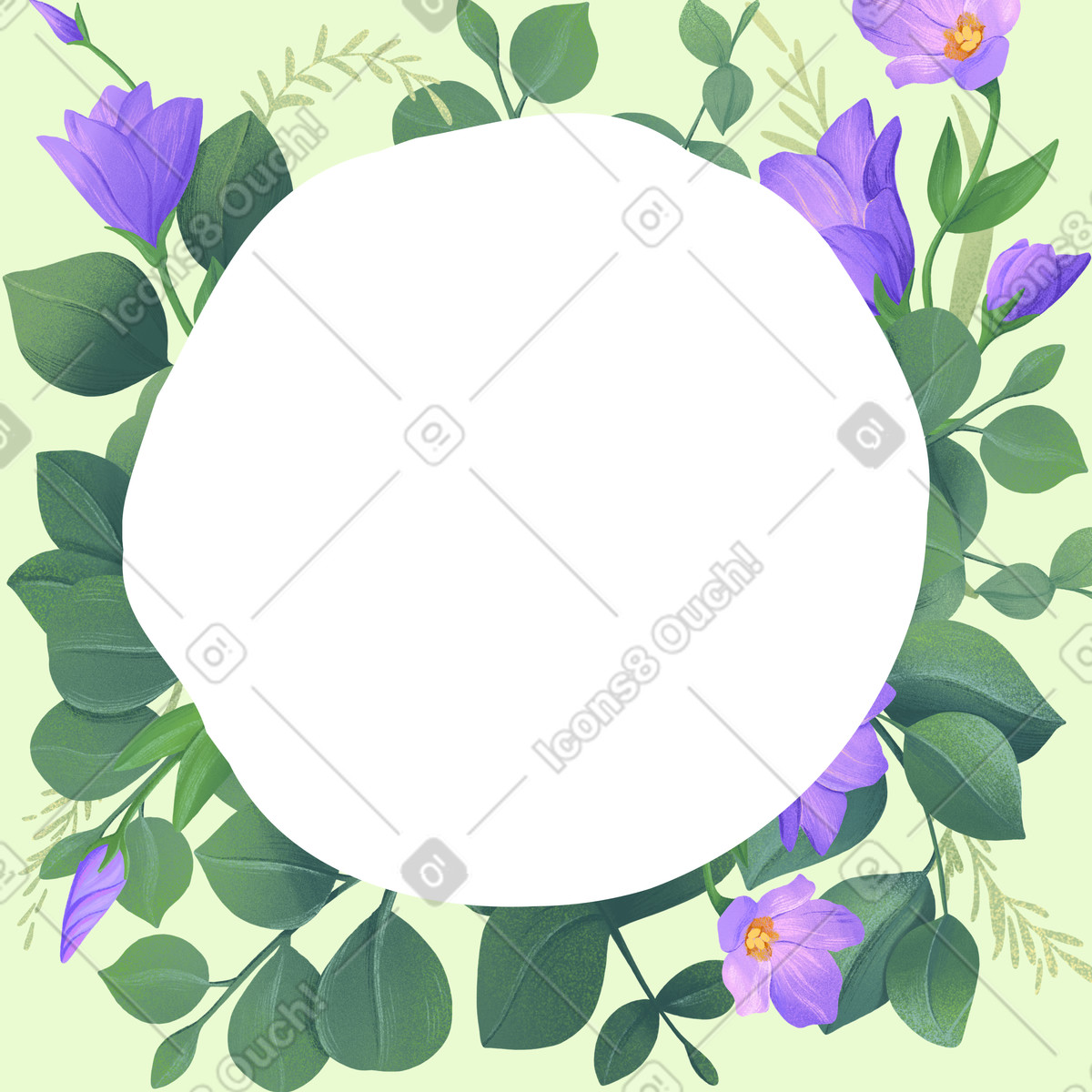 Illustration Feuillage vert et fleurs violettes espace de copie dans le style Floral à télécharger aux formats PNG, SVG