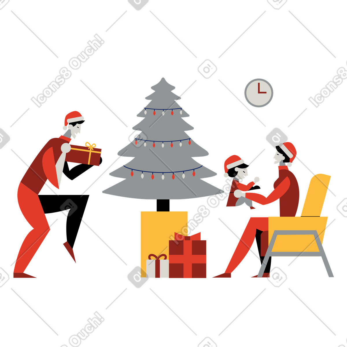 Ilustração de Homem colocando presentes debaixo da árvore natal em no estilo Burgundy para baixar em PNG, SVG