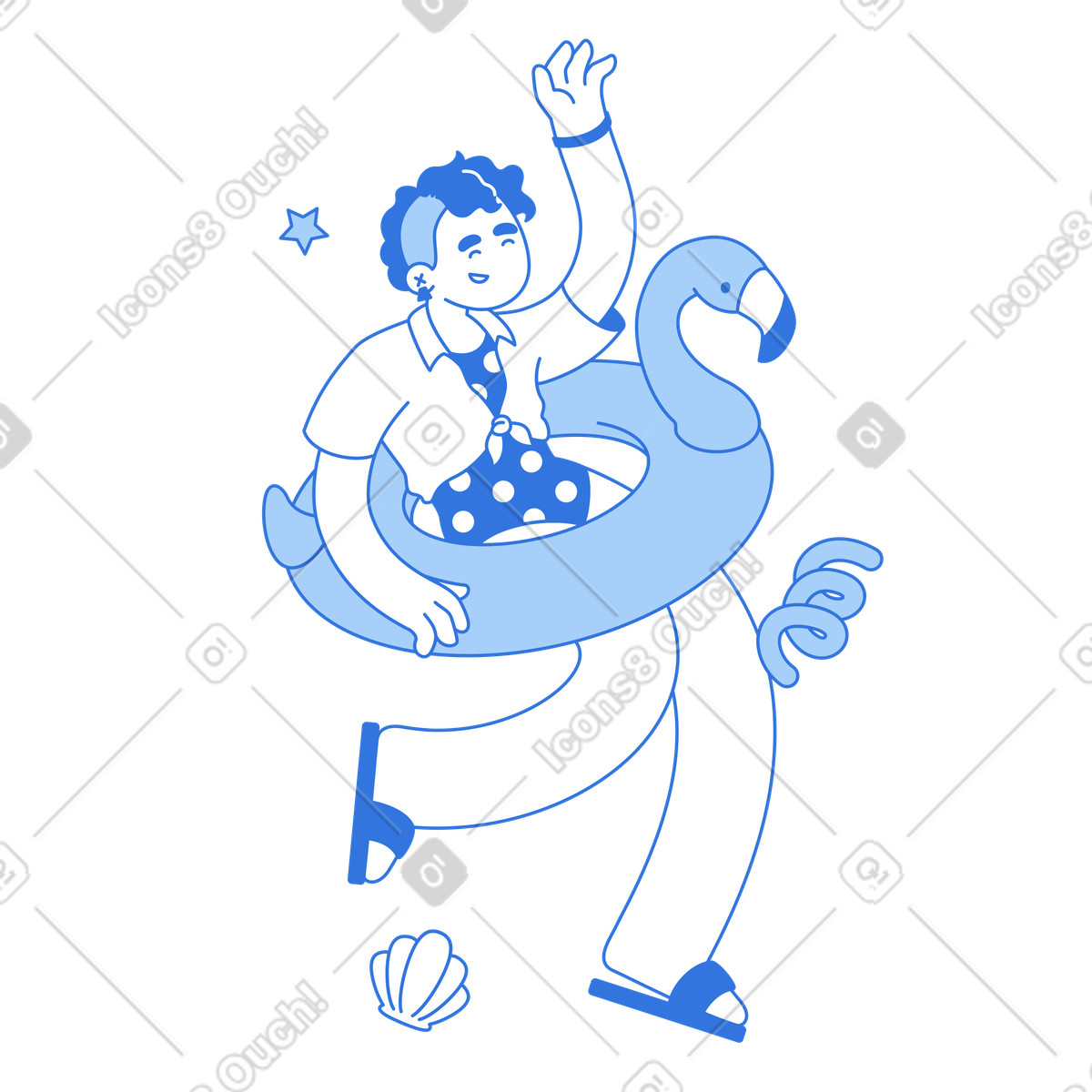 Cheerful swimmer with inflatable flamingo float, Summer fun and vacation illustration in Sky style download in PNG, SVG