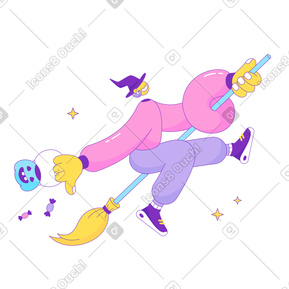 下载 Elastic 风格的 有糖果苍蝇的女巫在扫帚上 插画，支持 PNG、SVG 格式