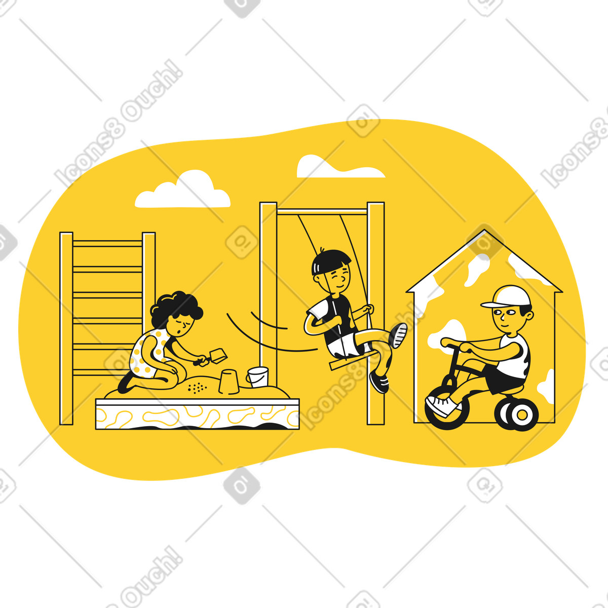 Illustration Enfants jouant dehors sur une aire de jeux dans le style Taxi à télécharger aux formats PNG, SVG