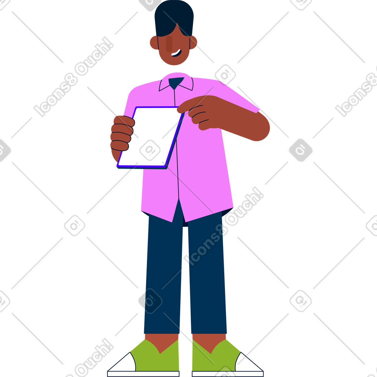 Der mann zeigt mit dem finger auf das tablet in seinen händen-Illustration im Cubes-Stil als Download PNG, SVG