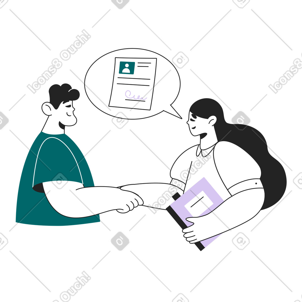 Sammy Line 스타일의 Colleagues shaking hands in office, New employee onboarding and welcome 일러스트레이션 PNG, SVG 다운로드