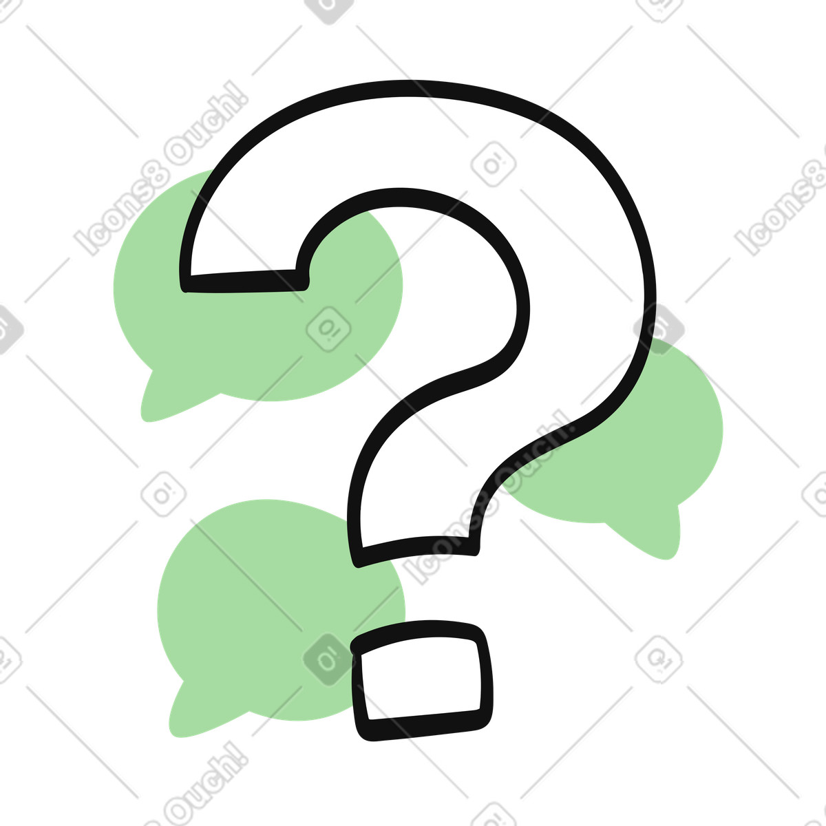 Ilustración Question mark with green chat bubbles symbolizing online customer support en estilo Organic a descargar en PNG y SVG