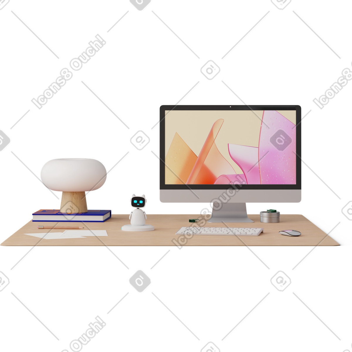 Illustration Vue de face du bureau avec assistant robot dans le style 3D Hygge à télécharger aux formats PNG, SVG