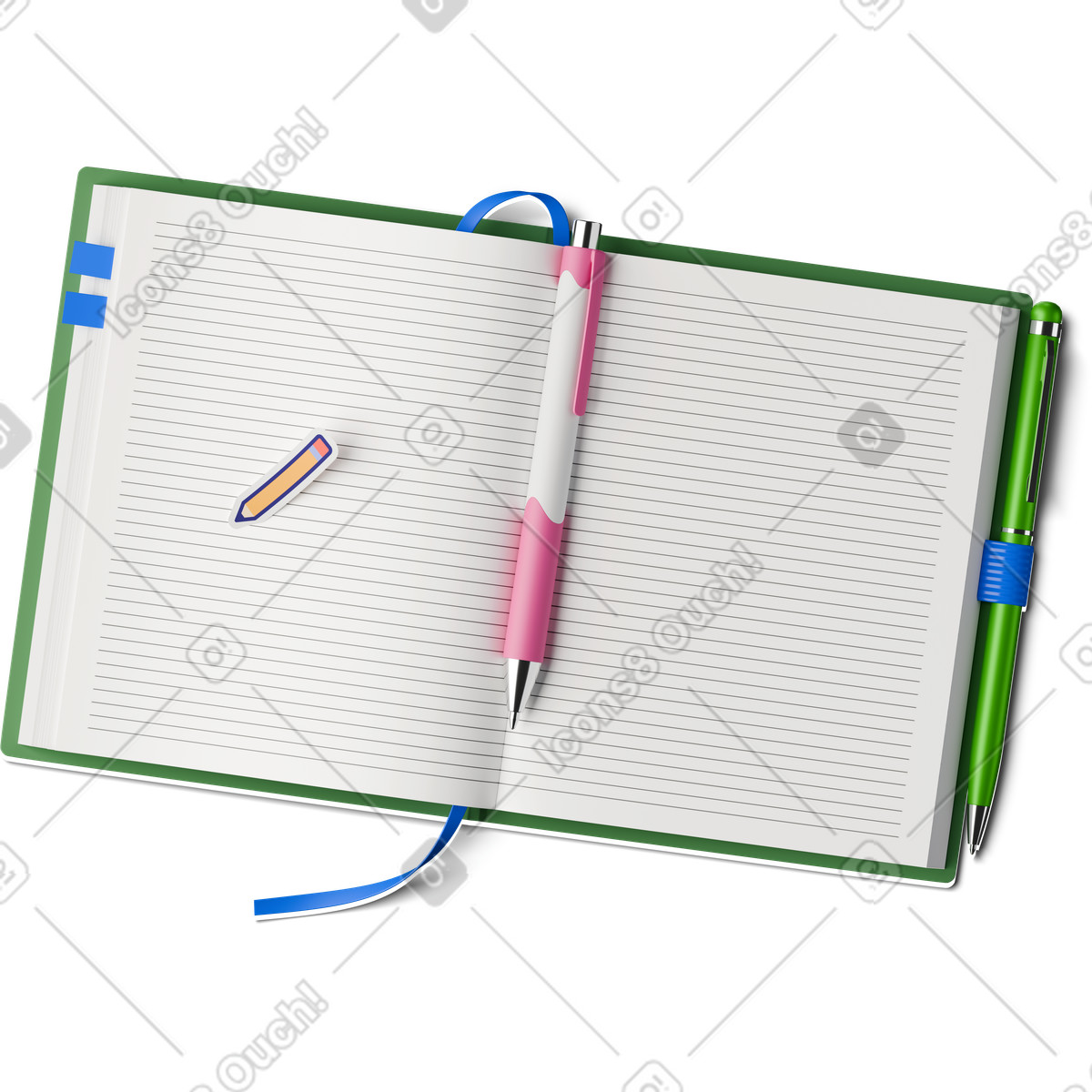 Top view of notebook pens and sticker illustrazione in stile 3D Hygge scarica in PNG, SVG