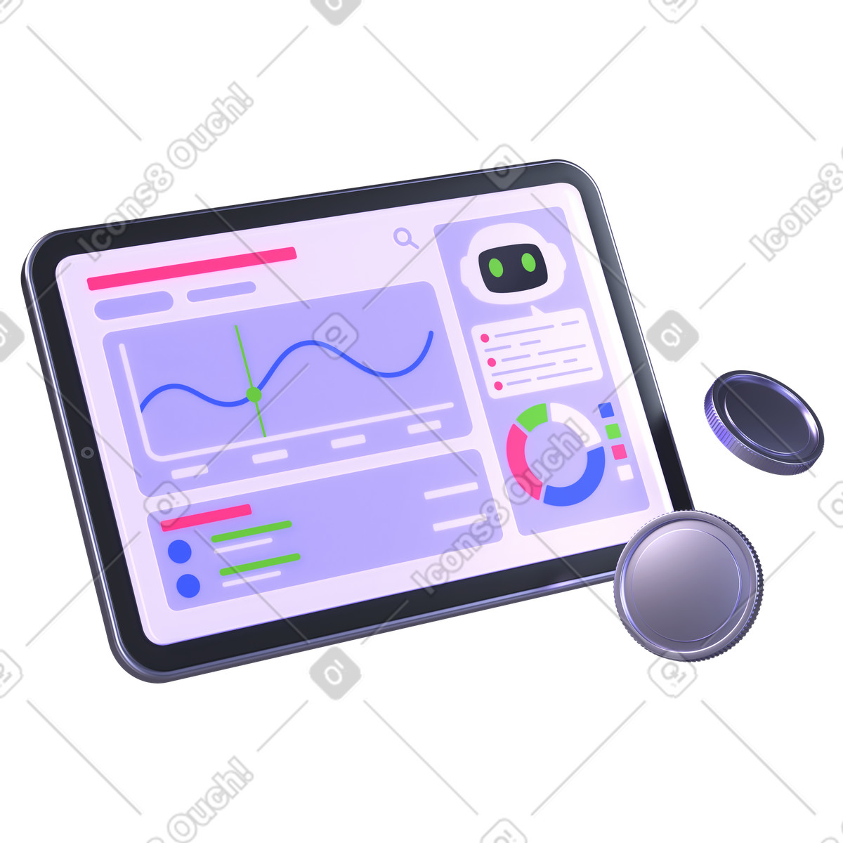 3D Boost スタイルの Tablet with analytics dashboard and chatbot, AI powered expense management のイラストをPNG、SVG形式でダウンロード