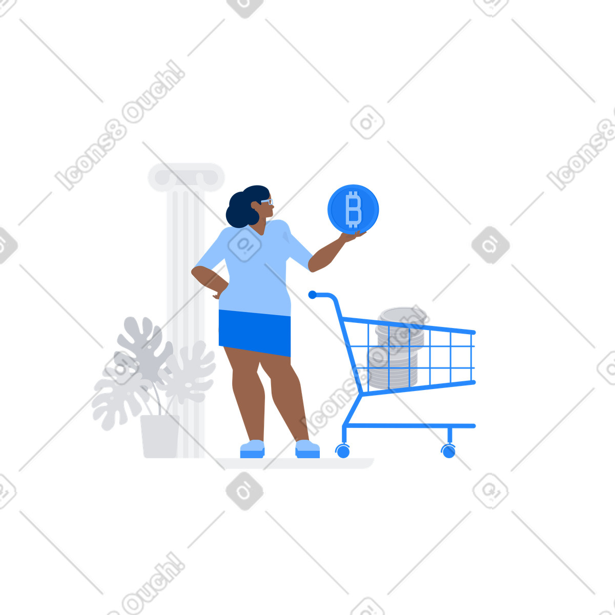 Frau mit einkaufswagen voller bitcoins-Illustration im Urban-Stil als Download in PNG, SVG