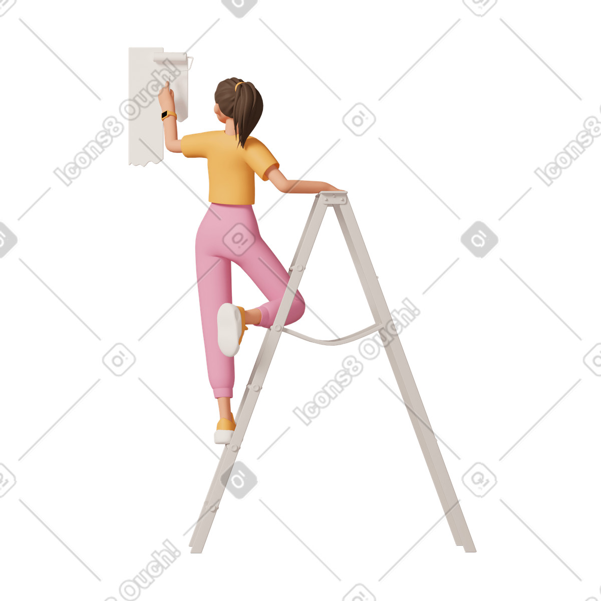 Young woman painting the wall with a paint roller illustration in 3D Casual life style download in PNG, SVG