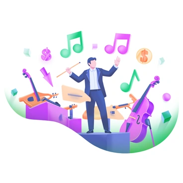 A conductor stands confidently at the front of an orchestra, wielding a baton. Surrounding the conductor, musical notes float in the air, each uniquely shaped like various stock symbols. These symbols include a dollar sign, a percentage sign, and upward and downward arrows. The scene displays an array of instruments, such as violins, cellos, and trumpets, positioned around the conductor, contributing to the harmony. The background is filled with abstract shapes in soft pastel colors, enhancing the atmosphere of the musical performance.