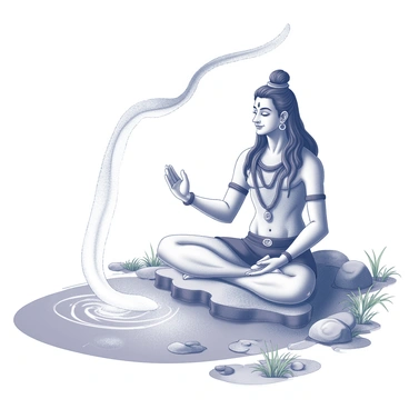 A depiction of "Shiva" seated in a meditative posture, surrounded by an aura of tranquility. His long hair is flowing, and from it, "the sacred river Ganges" is cascading down, symbolizing purity and life. The water is depicted as a gentle stream, with ripples and waves illustrating its movement. Various elements of nature are present, such as rocks and greenery along the riverbank, enhancing the scene's natural beauty. "Shiva" holds a serene expression, embodying a sense of peace and divinity as he bestows his blessing upon the flowing river.