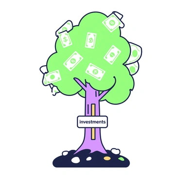 A tree stands tall with leaves shaped like currency bills, growing vibrantly from a soil labeled "investments." The tree trunk is sturdy and textured, displaying rich detail. The leaves shimmer, reflecting light in various angles. Surrounding the base of the tree, there are small pebbles scattered amongst the soil. The label "investments" is clearly visible, affixed to a wooden stake that is embedded in the ground. In the backdrop, the sky is clear, enhancing the focus on the tree and its unique leaves.