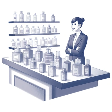 A perfume store counter is displayed with a variety of small sample bottles neatly arranged across its surface. The bottles come in different shapes and sizes, showcasing an assortment of labels. Behind the counter stands an attendant with a friendly smile, wearing an elegant uniform, ready to assist customers. The background features shelves lined with larger perfume bottles, creating an inviting atmosphere for shoppers. The lighting highlights the glass bottles, giving them a polished and appealing look.