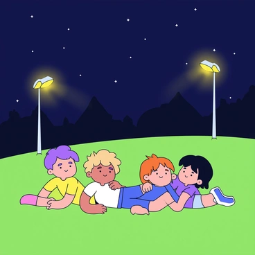 A group of four children lying on a green grassy field. They are gazing up at the sky, with looks of curiosity on their faces. The children are wearing colorful t-shirts and shorts. Nearby, bright yellow streetlights illuminate the scene, casting a warm glow on the ground and creating shadows. The sky above is dark, but the light from the streetlights obscures the stars. In the distance, there are faint outlines of trees against the night sky.
