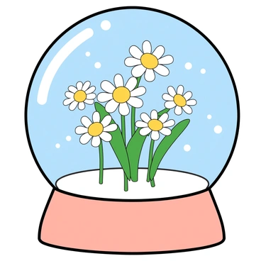 A clear glass snowglobe with a rounded base, beautifully adorned in a soft pastel color. Inside the globe, there are several small white daisies with bright yellow centers, arranged in a playful cluster. The daisies have delicate petals and appear fresh and vibrant. As the globe is gently shaken, tiny white snowflakes swirl around the flowers, creating a whimsical scene. The background inside the globe is a light blue, enhancing the cheerful atmosphere of the daisies and snow.
