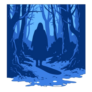 A deep blue shadowy figure is walking through a dark forest. The figure is partially obscured, creating an air of mystery. Surrounding the figure are tall, twisted trees with gnarled branches extending in various directions. The ground is covered with a mix of dark green foliage and brown leaves, enhancing the sense of isolation. The atmosphere is dense, and a faint mist clings to the base of the trees, adding to the overall mood of solitude.