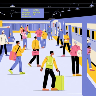 A busy train station at midnight filled with activity. The platform is illuminated by bright overhead lights, casting a warm glow on the scene. Travelers of various ages and backgrounds are seen rushing to catch their trains, some pulling large suitcases while others check their watches. A digital departure board displays train schedules in bright green letters. In the background, a sleek train is arriving at the station, with its lights shining brightly. The floor is tiled with gray and white patterns, and a few benches are occupied by weary passengers waiting for their rides.