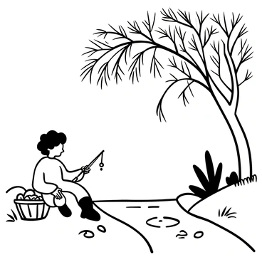 A hobbit fishing quietly by the side of a gently flowing river under a willow tree