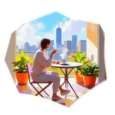 A person with medium skin tone is sitting at a small, round patio table, savoring a steaming cup of coffee. They are wearing a comfortable sweater and have short hair. Surrounding the patio are lush green plants in colorful pots, adding vibrancy to the setting. In the background, the city skyline rises with a mix of tall buildings and architectural styles under a clear blue sky. The sunlight casts soft shadows, enhancing the peaceful atmosphere of the scene. The person gazes thoughtfully at the view, enjoying the moment.