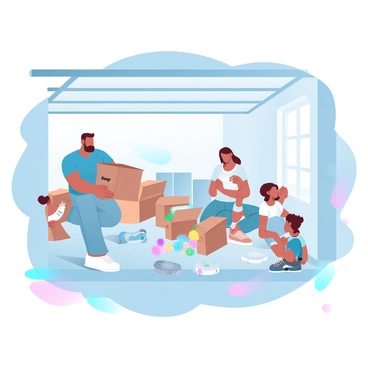 A family is inside a spacious garage, actively cleaning and organizing various items. The father, wearing a blue t-shirt and jeans, is lifting a box labeled "Keep". The mother is sitting on the floor, sorting through a pile of toys, placing some into a box marked "Donate". Two children are nearby, one holding a colorful book and the other sorting through colorful artwork. There are several boxes scattered around, some full and others empty, with labels indicating their contents. Sunlight is streaming through a window, illuminating the scene and casting gentle shadows across the garage floor.