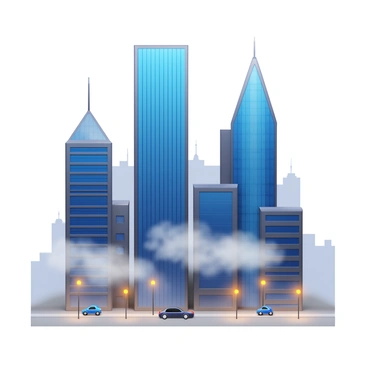 An urban cityscape with buildings partially obscured by foggy clouds