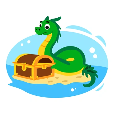 A large green sea serpent with shimmering scales and long flowing fins curls protectively around an ornate treasure chest. The treasure chest is embellished with intricate designs and partially buried in sand, revealing glimmers of gold coins and sparkling jewels inside. Bubbles rise around the serpent, and shafts of light penetrate the water, illuminating the scene. The serpent's sharp eyes are focused on the viewer, showcasing its fierce yet majestic presence.