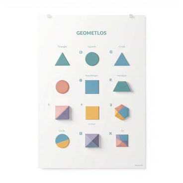 A poster displaying a collection of various geometric shapes. Each shape is clearly labeled with its name, such as "Triangle," "Square," "Circle," "Rectangle," and "Hexagon." Beside each shape, there are examples that visually represent it, such as a simple triangular pyramid for "Triangle," a filled-in blue square for "Square," a vibrant red circle for "Circle," a yellow rectangle for "Rectangle," and a multi-colored hexagon for "Hexagon." The shapes are arranged in a neat grid format, with a clean white background to enhance visibility. Each shape is distinct and easily recognizable, with clear borders to define their edges.