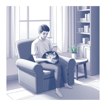A cat is curled up comfortably on its owner's lap. The owner is seated in a cozy armchair, with their hands resting gently on the cat's back. Sunlight streams in through a nearby window, casting soft shadows across the room. The living room features a warm, inviting atmosphere with a plush rug underfoot and a few scattered cushions on the armchair. There are shelves lined with books and a small potted plant on a side table nearby.