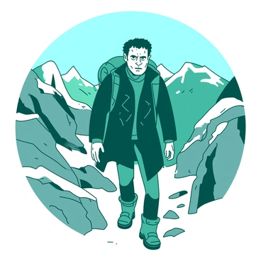 A teal Victor Frankenstein is hiking along a narrow, rocky mountain path. He is wearing a dark coat and sturdy boots, with a backpack slung over one shoulder. The chilly air is visible as a light mist around him. His face displays determination, with furrowed brows and focused eyes. The path is flanked by rugged grey rocks and patches of snow, while distant mountains rise under a blue sky, completing the scene.