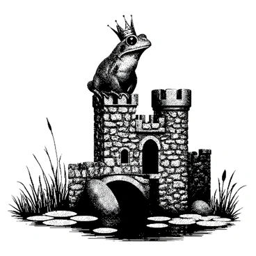 A frog with smooth skin is perched atop a small stone castle. The frog is wearing an ornate crown that sits slightly askew on its head. Its large, bulging eyes look wise as it gazes over its domain. The tiny castle features a drawbridge and a few small towers, and the walls are detailed with textured stones. Surrounding the castle, there is a serene pond with lily pads scattered across the surface, adding to the scene. There are also small reeds positioned at the edges of the water, framing the castle. The entire setting is presented in a halftone dot pattern for a unique visual effect.