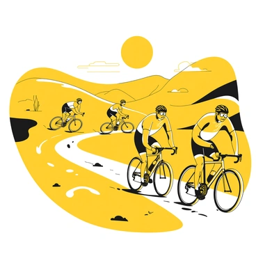 A group of cyclists in yellow jerseys is pedaling through a vast desert landscape. The cyclists are focused and determined, with sweat glistening on their faces. The sun is high in the sky, casting strong shadows on the ground. In the background, the sandy dunes rise and fall, creating a sweeping horizon. Sparse vegetation can be seen dotting the landscape, providing a stark contrast to the golden sand. The racers are riding their bikes on a winding path, with tire tracks visible in the sand. Dust rises around their wheels, adding to the dynamic energy of the scene.