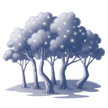 A grove of trees with a variety of trunk sizes and shapes, their branches spreading outward. The scene is set at twilight, with dim light filtering through the leaves. Fireflies are scattered throughout the grove, creating a sense of movement as they flicker in the air. The ground is covered in grass and underbrush, adding texture to the forest floor. Shadows from the trees stretch across the ground, enhancing the depth of the scene.