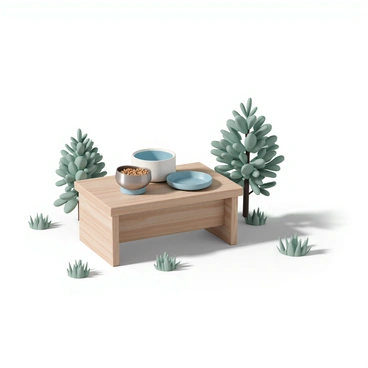 A rustic outdoor dog feeding station made of weathered wood, featuring a sturdy wooden stand. There are two metal bowls positioned on top of the stand, one filled with dry dog food and the other with fresh water. The feeding station is surrounded by a few patches of green grass, and in the background, there are trees with plenty of leaves. The sunlight casts gentle shadows on the ground, creating a warm atmosphere around the feeding area.