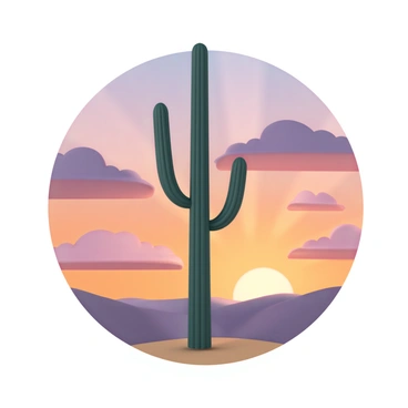 A tall cactus, with long arms reaching upward, is positioned prominently in the foreground. Its silhouette is sharply defined against the vibrant colors of a dramatic sunset. The sky displays a gradient of intense oranges, deep purples, and soft pinks, creating a stunning backdrop. The sun, partially hidden behind the horizon, casts rays of light that blend with the colorful clouds, enhancing the overall scene. The cactus stands alone in this peaceful desert landscape, creating a striking contrast against the vivid sky.