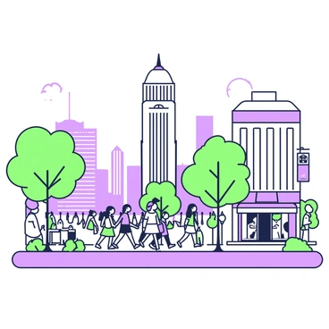 A busy street scene on Magnificent Mile filled with shoppers. People are walking along the sidewalk, some carrying shopping bags. In the background, the iconic Water Tower stands tall among the urban landscape, surrounded by buildings. Banners and signage for various stores are visible along the street. A few trees line the sidewalk, providing a touch of greenery amidst the bustling atmosphere.