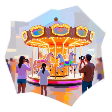 A framed illustration depicting a lively fairground carousel adorned with colorful horses. The carousel is illuminated by numerous bright lights that twinkle in various hues, creating a festive atmosphere. Each horse is intricately detailed, showcasing vibrant paint and decorative saddles. The carousel structure features ornate carvings and patterns, enhancing its charm. Surrounding the carousel are playful fairgoers, some laughing and others taking photographs, capturing the joyful spirit of the fairground.