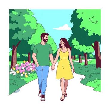 A couple is holding hands while walking on a path in a park. The couple consists of a man and a woman. The man is wearing a green t-shirt and blue jeans, while the woman is dressed in a yellow sundress. They are smiling at each other, enjoying the moment. Surrounding them are lush green trees with sunlight filtering through the leaves, casting dappled shadows on the ground. In the background, there are colorful flowers blooming along the path. The sky is clear and blue, adding to the cheerful atmosphere of the scene.