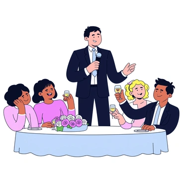 A best man standing confidently at a microphone, delivering a heartfelt speech. He is wearing a classic black suit with a light blue tie. Around him, seated guests are smiling and laughing, showing expressions of joy. Some guests are raising their glasses, clinking them together in celebration. The setting is decorated with elegant floral arrangements on tables, and soft lighting adds a warm ambiance.