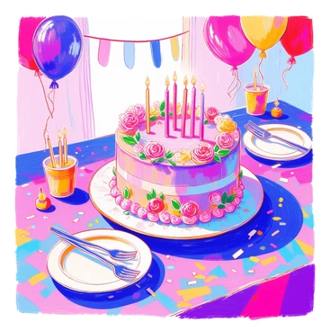 A beautifully decorated cake in vibrant purple sits on a festive table. The cake features intricate floral designs, with delicate blossoms and green leaves carefully piped around its sides. The table is adorned with a colorful tablecloth, and there are small decorative accents like candles and confetti scattered around. A few plates with forks are placed near the cake, ready for serving. In the background, there are balloons and streamers that add to the celebratory atmosphere.