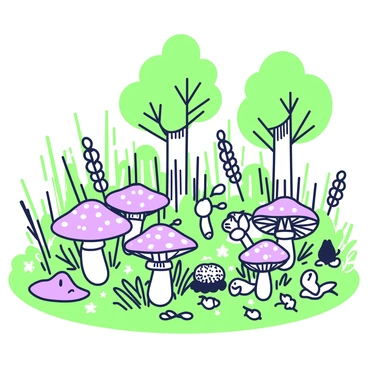 A circle of mushrooms is arranged in a clearing surrounded by tall grass and diverse plants. Each mushroom has a distinct shape and pattern, including large caps and slender stems. In the background, there are several trees with thick trunks and broad leaves. The forest floor is covered with a variety of foliage, enhancing the natural setting. Light filters through the leaves, creating dappled patterns on the ground. A few small animals, such as rabbits and birds, can be seen nearby, adding life to the scene.