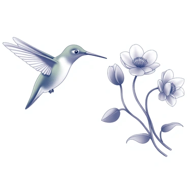 A hummingbird mid-flight, captured with its wings in rapid motion. The bird has an elongated beak, poised to reach for nectar. It is positioned near a cluster of anemone flowers, which have distinct petal shapes and multiple layers. The stems of the flowers are slightly curved, giving a sense of natural growth. The scene conveys a moment of interaction between the bird and the flowers, emphasizing the delicate attributes of both the hummingbird and the vibrant floral arrangement.