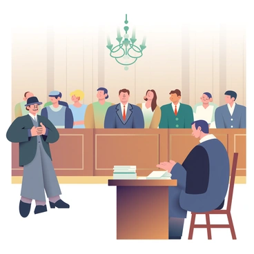 A historic trial scene with participants dressed in period clothing from the early 1900s