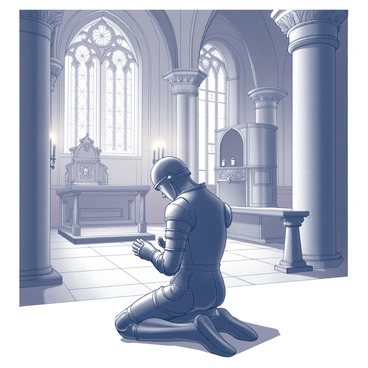 Jeanne d'Arc is depicted kneeling in prayer on a stone floor inside a grand cathedral. She is wearing armor, which gleams subtly in the soft light filtering through intricate stained glass windows. Her head is bowed, and her hands are clasped together in front of her chest. Surrounding her are towering columns that support a vaulted ceiling, adorned with detailed carvings. The atmosphere feels reverent, with flickering candles casting gentle shadows across the stone walls. In the background, there are large, ornate altars, intricately decorated and filled with religious symbols.