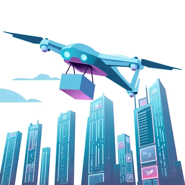 A sleek AI drone with a streamlined design and glowing blue accents is flying over a futuristic city skyline. The drone is carrying a small, rectangular package, suspended beneath it by a set of mechanical grips. Below, the skyline is filled with towering skyscrapers made of glass and metal, reflecting sunlight and illuminated by neon lights. Some buildings feature vertical gardens and digital billboards displaying advertisements. The sky is clear, with a few wispy clouds, and the sun casts sharp shadows on the buildings below.