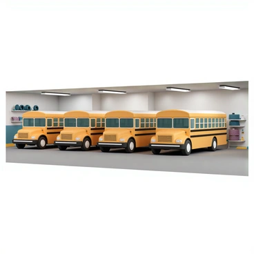 A row of yellow school buses, each with a shiny exterior and prominent black stripes, is lined up neatly inside a spacious garage. The buses are parked side by side, with their doors closed and windows gleaming. The garage has a concrete floor and bright overhead lights illuminating the scene. In the background, there are tools and equipment neatly organized on shelves, and a few bus tires stacked in one corner, adding to the atmosphere of a well-maintained garage.