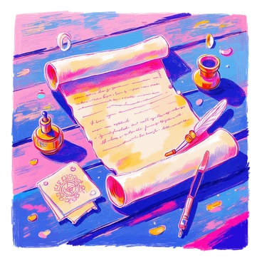 An ancient scroll lies open on a weathered wooden table, revealing intricate writing in a faded ink. Surrounding the scroll are various mystical symbols etched into the surface of the table. An ornate quill rests beside the scroll, and a small, weathered inkwell accompanies it. The table's grain is visible, showcasing its age and history. A few scattered parchment sheets with sketches of ancient relics are also present, adding to the enchanting atmosphere of the scene.