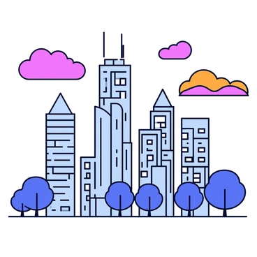 A city skyline with tall skyscrapers of varying heights and designs. The buildings feature large windows and antennas on top. The sky above is filled with vibrant color splashes in shades of pink, orange, and purple. Clouds are illustrated with soft curves and bold outlines, creating a dynamic atmosphere. The scene is framed by a few trees in the foreground.