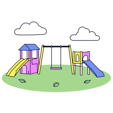 A playground with various colorful equipment including slides and climbing frames. In the center, there is an empty swing gently swaying back and forth in the breeze. The ground is covered with soft green grass and there are a few scattered leaves around. The sky above is clear with a few fluffy white clouds drifting by.