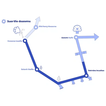 A subway map is displayed, featuring various seasonal events and trails. It includes distinct lines representing different seasons. One line has symbols indicating "cherry blossoms" with outlined flowers, while another line shows "autumn leaves" with leaf shapes along the route. Each station is marked with a small icon, such as a cherry blossom tree or a falling leaf. The map employs an organized layout, with intersecting lines and clear labeling of each seasonal event. The overall design is clean and structured, allowing for easy navigation between the different seasonal attractions.